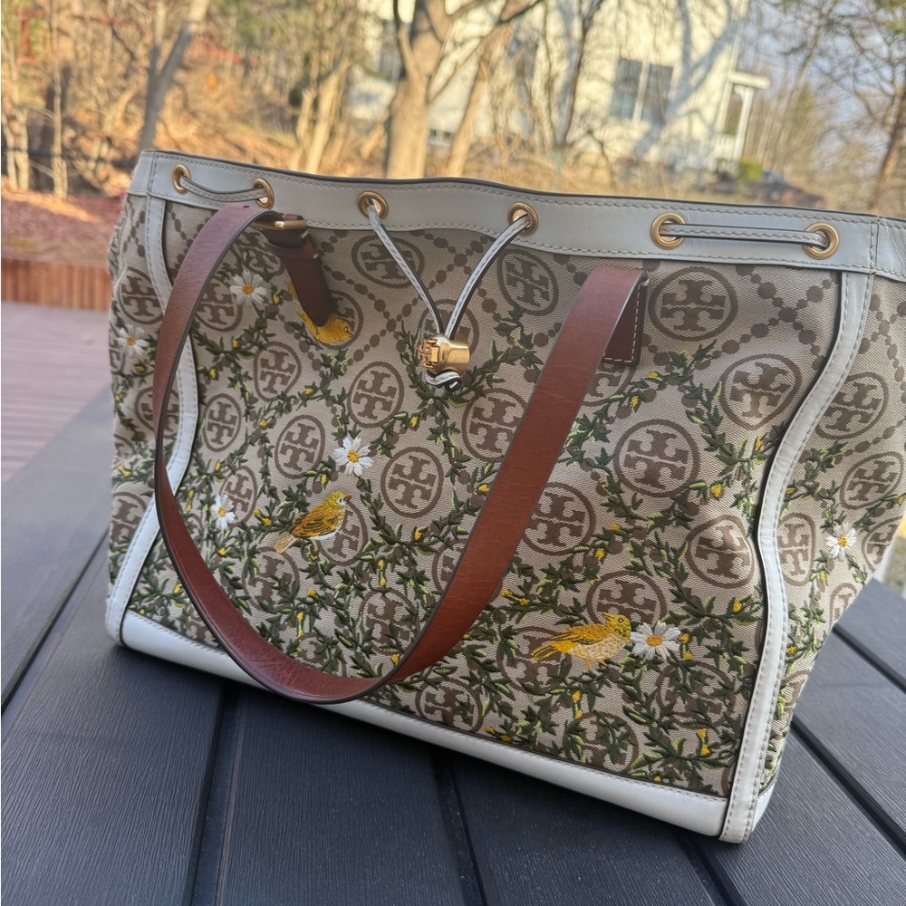 Tory Burch Floral Canvas Tote Bag - Brown and White